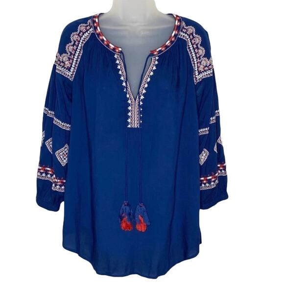 LOFT dark blue w/white & red embroidery tassel boho blouse | women's size small - Picture 2 of 6